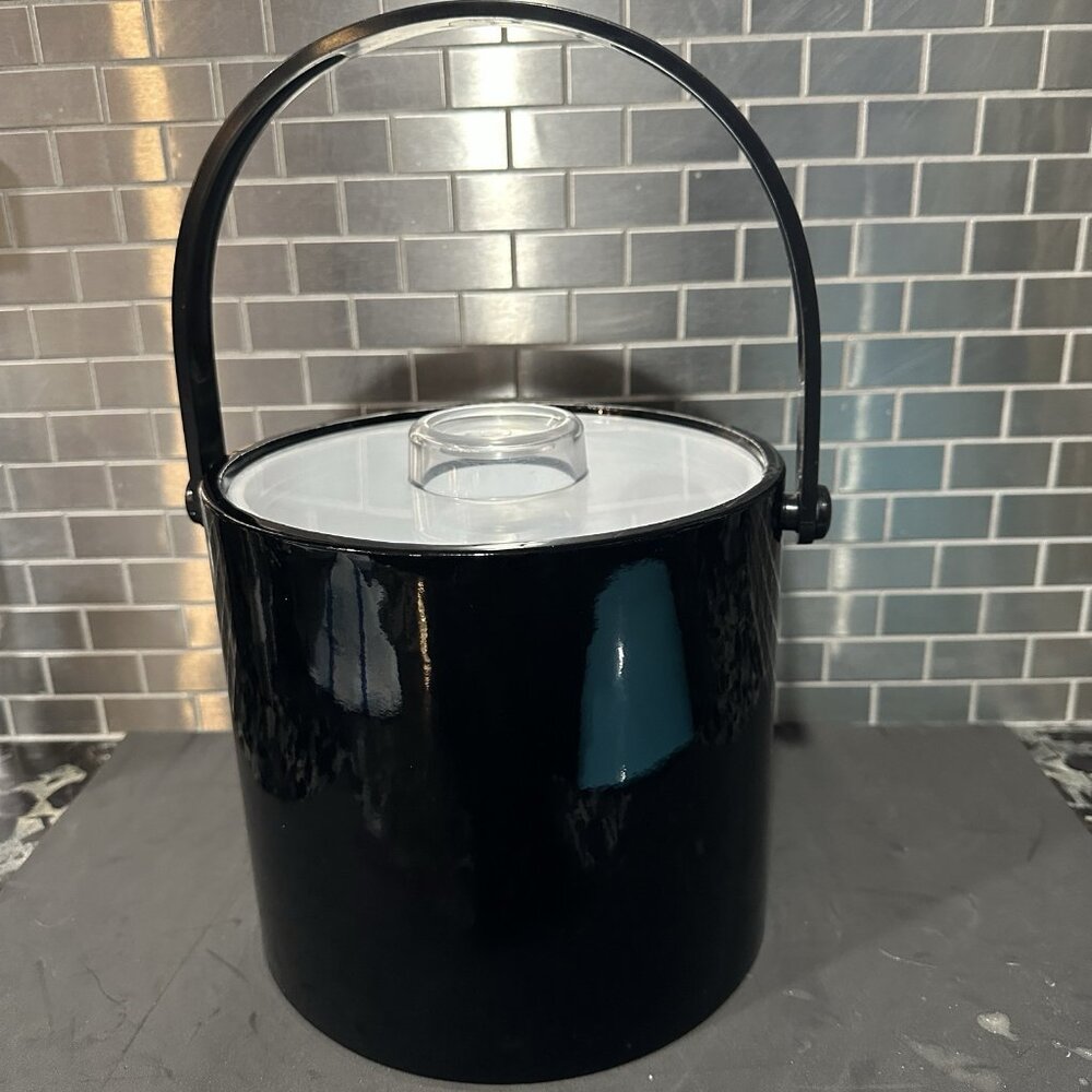 Vtg Mid Century MCM Ice Bucket Black Vinyl Clear Lucite Lid Barware Shelton Ware